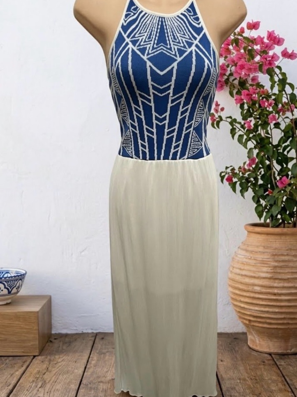 Jealous Tomato Women's Blue & White Halter Neck Sleeveless Long Maxi Dress Sz-S